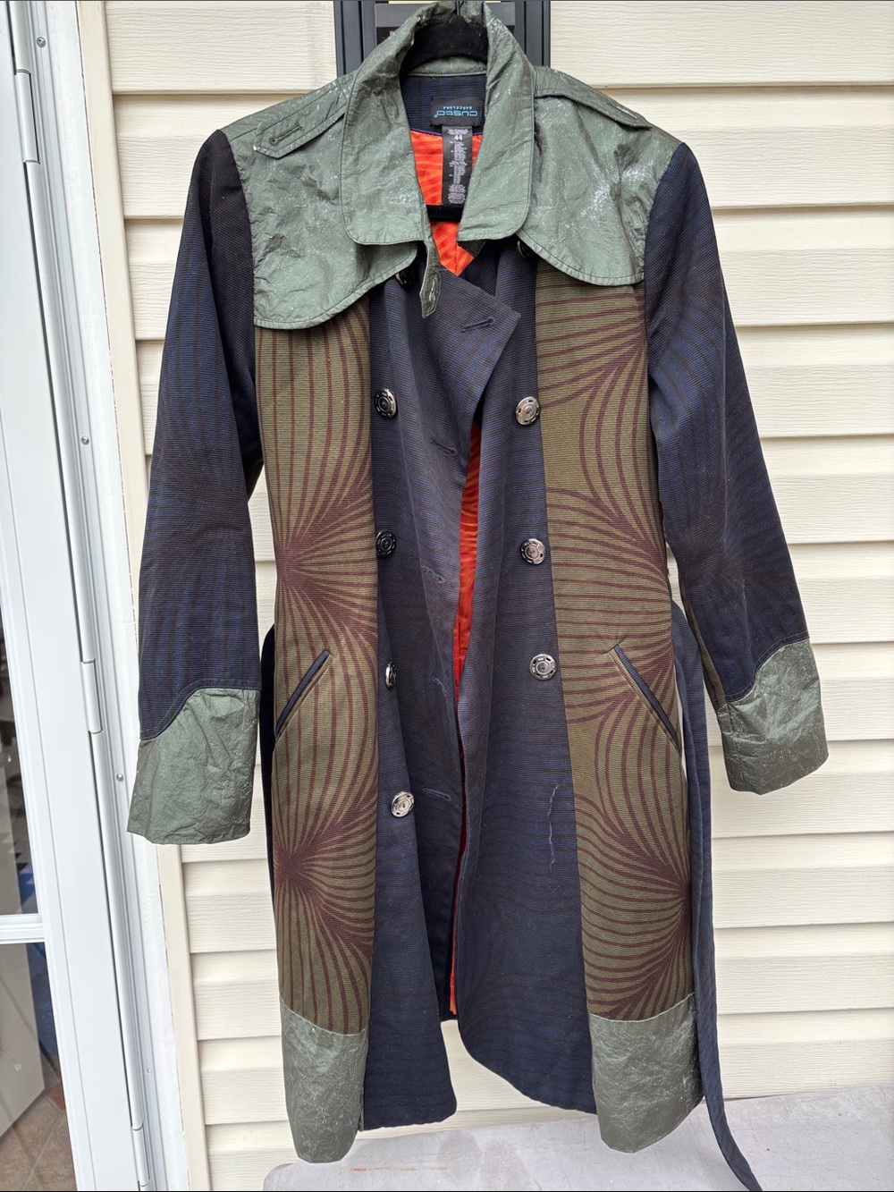 Custo Barcelona Ladies Navy Olive Multi-Panel Trench Coat-10/12